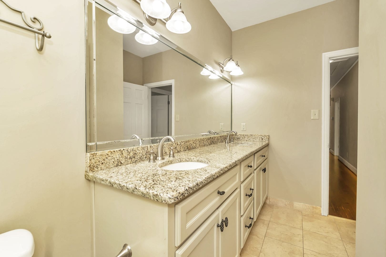 Granite double sink bathroom vanity with mirror